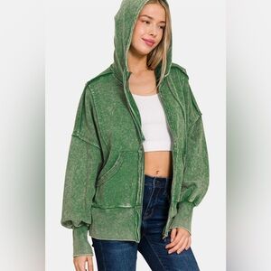 Zenana Acid Washed French Terry Zip-Up Hoodie with Pockets
